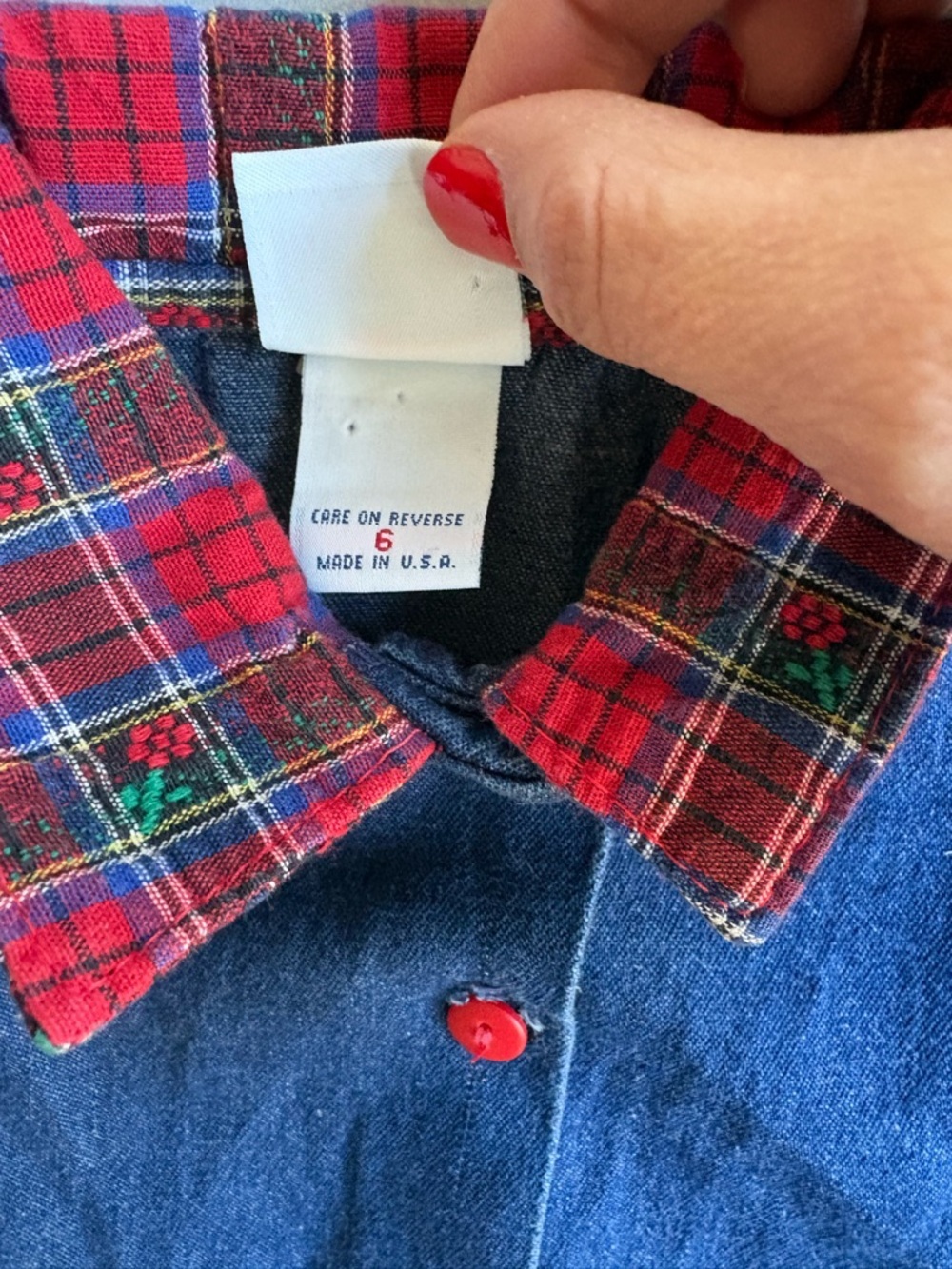 Vintage 90s OshKosh B’gosh Denim Dress with Red Plaid sz 6 USA made! 100% cotton - Picture 3 of 5